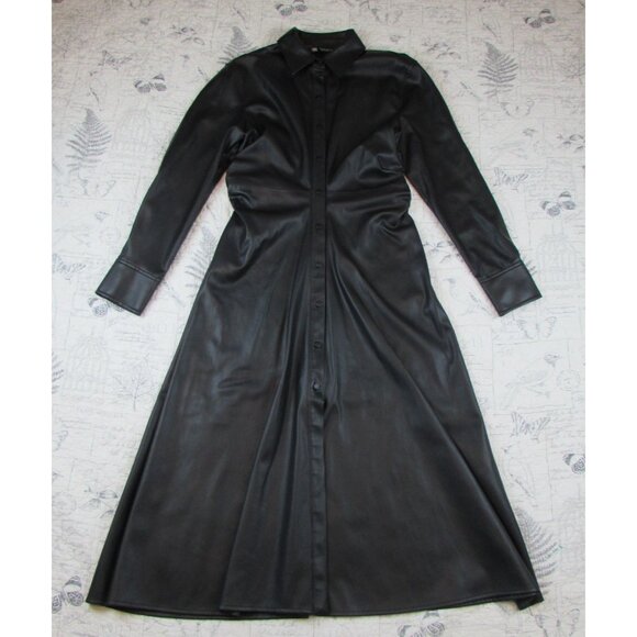 NEW Zara WOMANS MIDI FAUX VEGAN LEATHER SHIRT DRESS SHIRRED SIDES BLACK Size: L - Picture 6 of 12